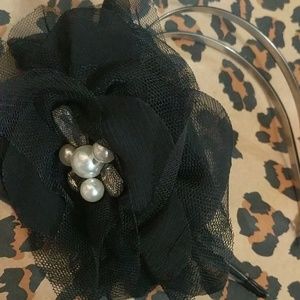 Black satin headband with flower
